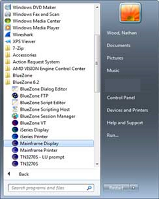 Mainframe Display selected in Start Menu