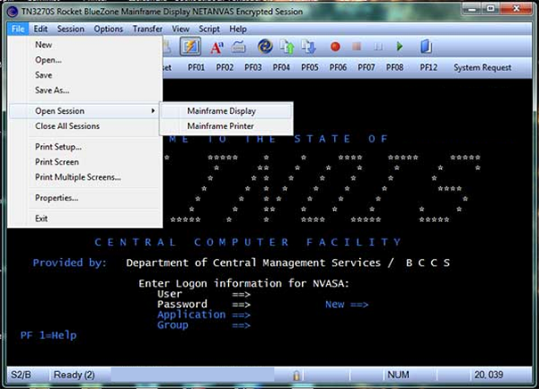Mainframe Display selected in Encrypted Session file menu
