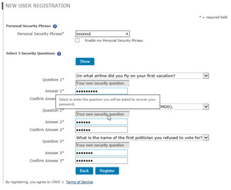 New User Registration Form with Security Questions