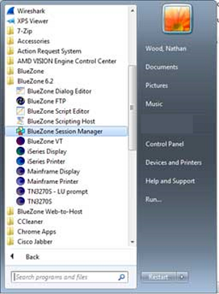 Bluezone Session Manager selected in Windows start menu