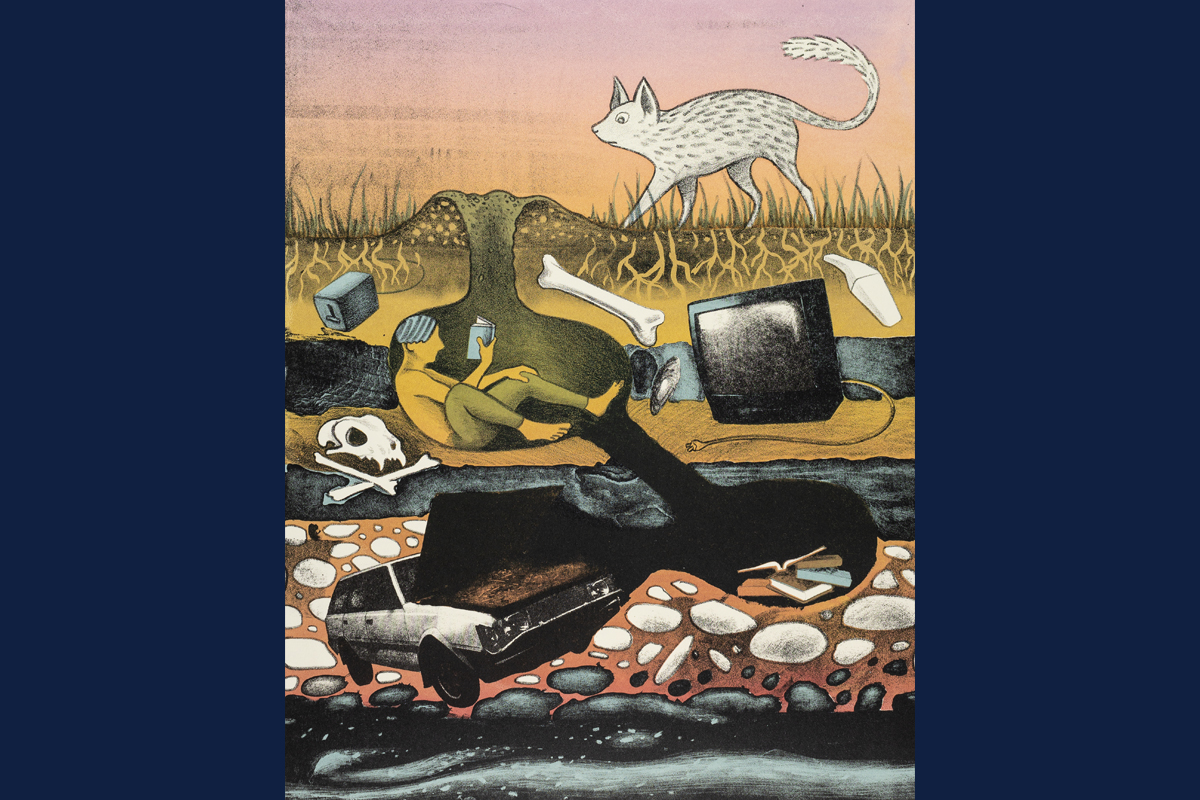 Image of the artwork by the Professor and printmaker Emmy Lingscheit explores human and environmental connections through theme of change, where the image contains an animal shown on the top of the ground and below the ground, in different layers it shows a TV, bones, a human being reading a book, stones, and a Car.